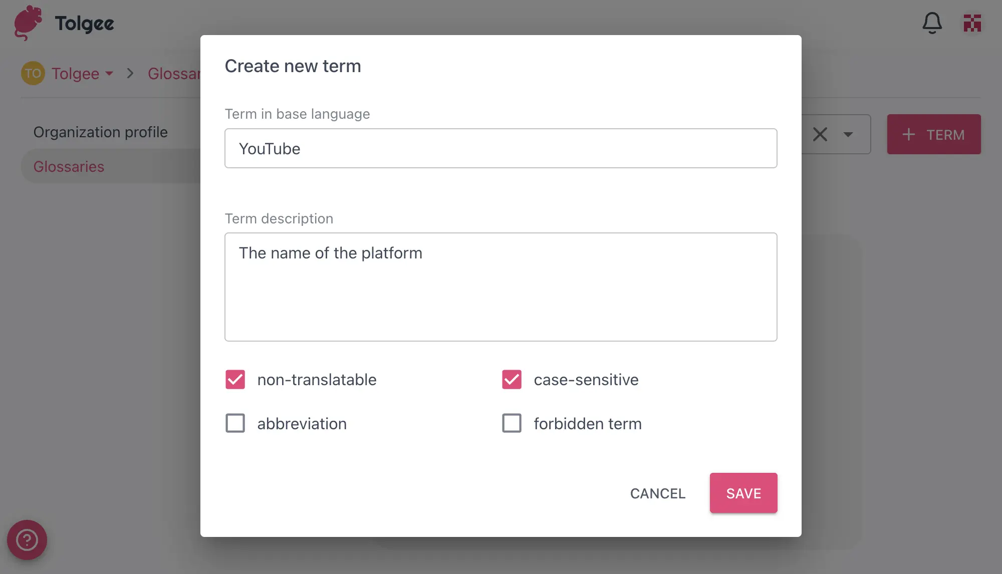 Create term dialog